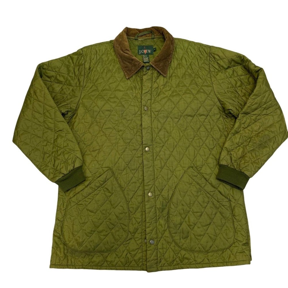 J. Crew Quilted Nylon Field Jacket Men's L Green Snaps Corduroy Collar Vintage